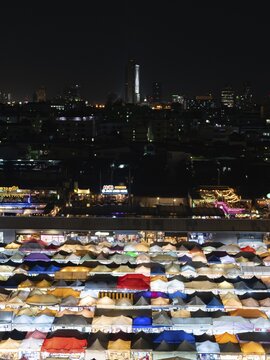 Colourful tent roofs from a night market in Bangkok, Ratchada Train Market, Thailand