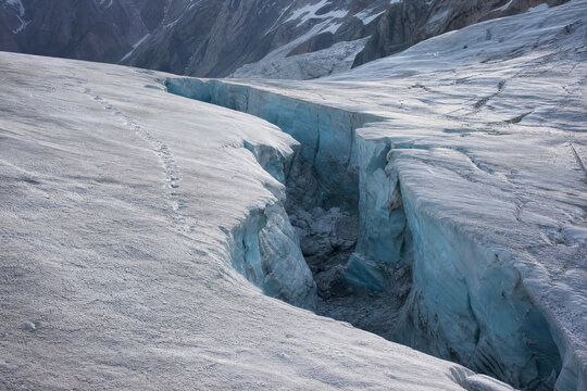 Glacier Crevasse Interrupting Snow Travel Route
