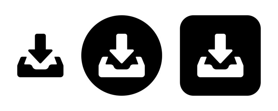 Inbox receive and download icon set featuring an incoming arrow and tray symbols in standalone, circular and rounded square styles for file transfer, importing, receiving messages.