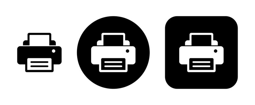 Printer and printing icon set featuring a desktop printer symbol in standalone, circular and rounded square styles for documents, paper output, office equipment, hardcopy and digital user interfaces.