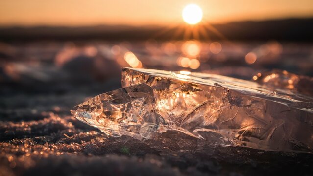 Transparent ice chunk sparkling under warm sunset light on a frozen lake surface. Perfect background for winter nature and climate concepts.