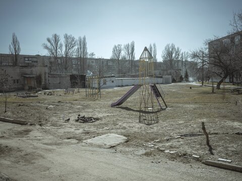 Playground in a residential neighbourhood close to the front, Kupyansk, Kharkiv Oblast, Ukraine