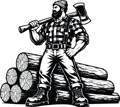 Lumberjack with Axe and Logs Vector Illustration - Bearded Lumberjack Character Standing by Wood Pile - Rugged Woodsman Holding Axe Illustration Design