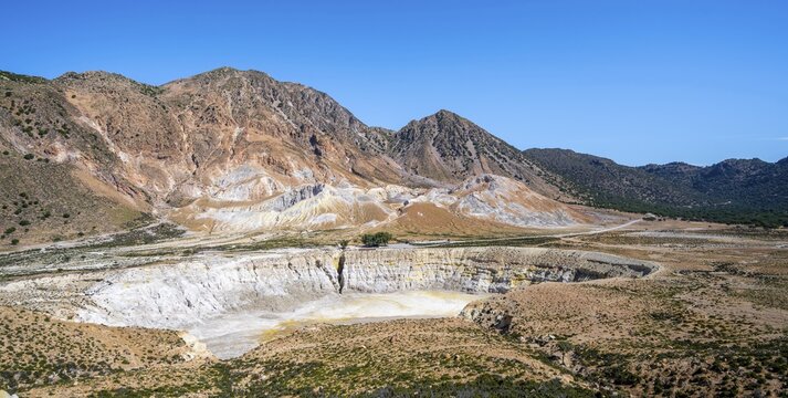 Caldera volcano with pumice fields, yellow coloured sulphur stones, Stefanos crater, Nisyros, Dodecanese, Greece
