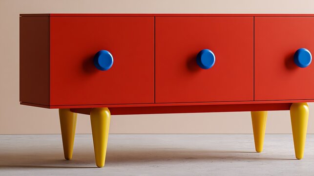 Modern minimalist red cabinet with blue knobs and yellow legs.