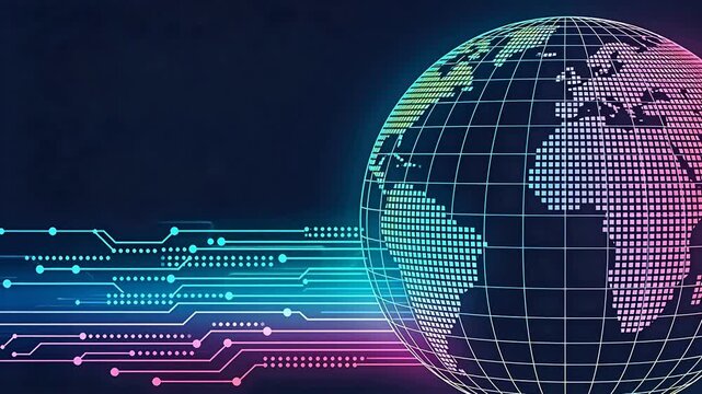 Digital earth with pixelated continents and gradient circuit lines on blue pink background
