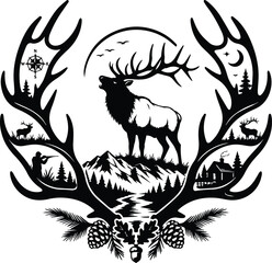 Obraz premium Elk in Mountain Wilderness Antler Frame - Bull Elk with Lake Reflection Nature 