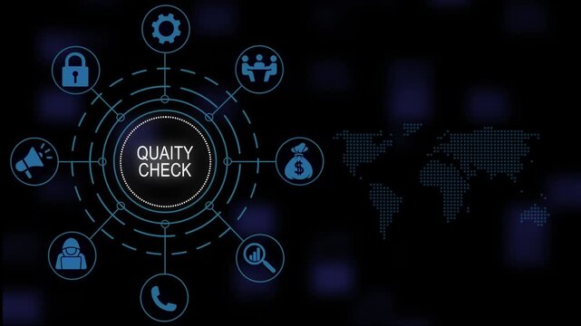 Animated check concept infographic with glowing digital network interface, circular business management symbols, and futuristic map background, for corporate presentations