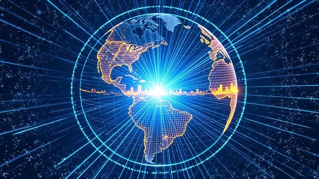 Digital earth globe with golden grid lines and blue glowing connections in space
