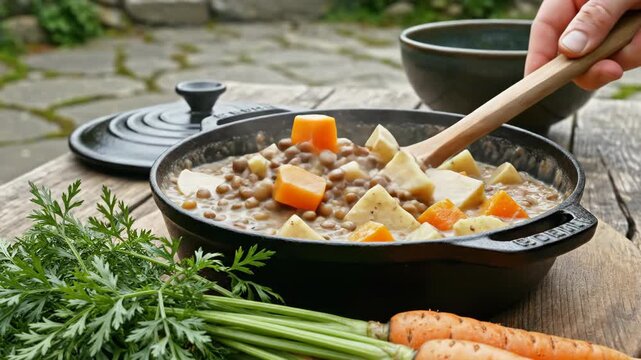 On a weathered garden table, creamy lentils simmer with chunky carrots and pale root vegetables in a heavy black pan while a wooden spoon turns the mixture beside fresh greens and rustic cookware