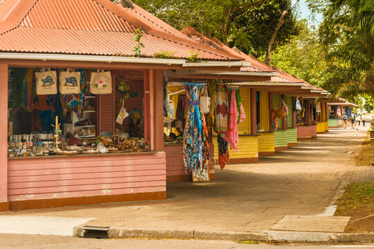 Colorful wooden souvenir stalls at the Esplanade Craft Kiosks in Victoria, Mah&eacute;, Seychelles