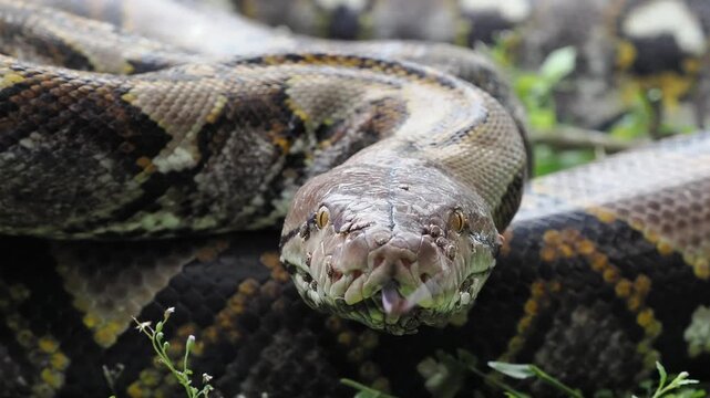 Reticulated python on the grass coiled low to the ground amidst green plants and foliage.