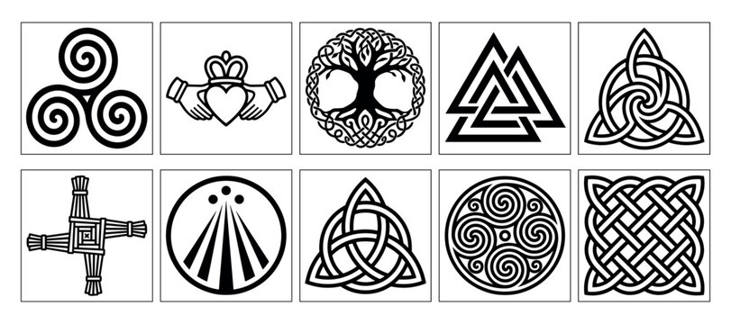 Celtic and Norse pagan sacred symbols collection in black linear vector outline icon set format for mythology emblem tattoo design and spiritual branding