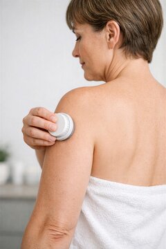 Diabetes sensor patch application on upper arm shows continuous glucose monitoring wearable care modern self management and chronic disease control for healthcare stock use