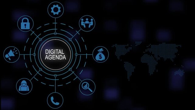 Digital agenda concept animation showing connected business networking strategies global communication tech infographic hud interface with map background