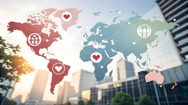 Digital world map overlay showing global connections with heart icons over a blurred modern city background