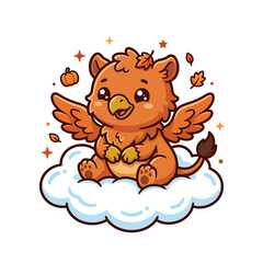 Fototapeta premium Cute cartoon griffin sitting on a cloud with autumn elements