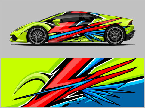 Colorful sports car with dynamic racing decals design.