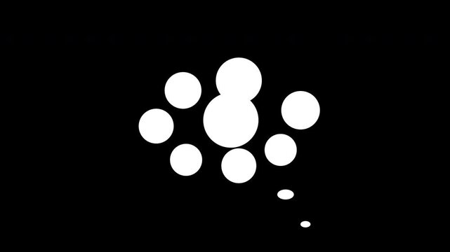 Thought bubble animation on black background, minimalist comic cloud motion graphic, animated thinking icon, silhouette dream element, for creative concepts.