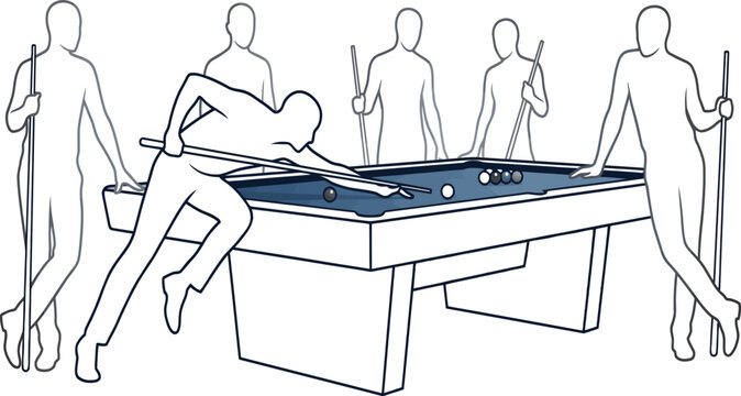 Billiard players outline drawing with men holding cues around pool table in blue and grey palette.