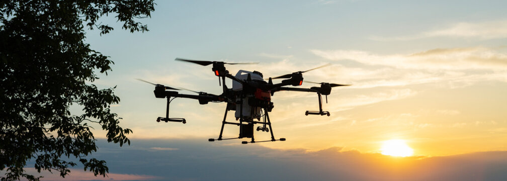 Agricultural technology smart farm concept. Farmer technicians remotely fly agricultural drones to fly to spray fertilizer in fields.
