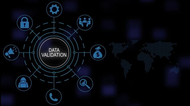 Data validation concept animated infographic diagram with global network map background, featuring connected business, technology information security, control and digital, systems management