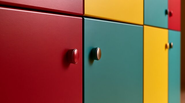 Colorful metal lockers in a school or gym storage room.