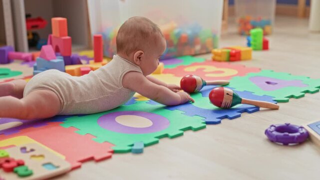 Boy reaching hand to maraca on colorful foam puzzle mat among scattered wooden blocks and toys in building; playful curiosity discovery.