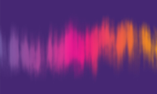 Vector halftone wave pattern with colorful dots on a purple background. Wavy gradient texture with retro print style and autumn tones.