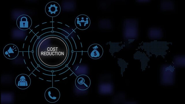 Dynamic cost reduction business strategy concept with digital infographic and global network connection map background, for corporate financial, optimization and modern