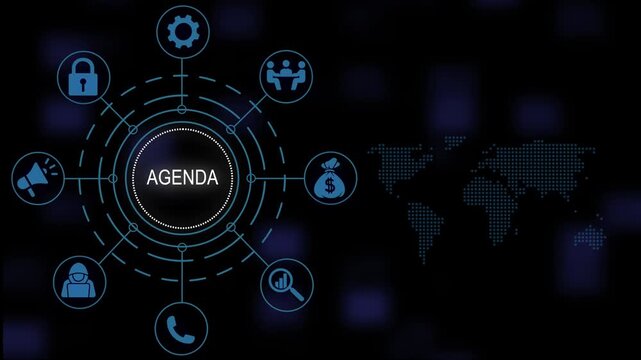 Comprehensive business agenda concept animation featuring interactive digital infographics, global network connectivity symbols, and corporate strategy on a dark blue background