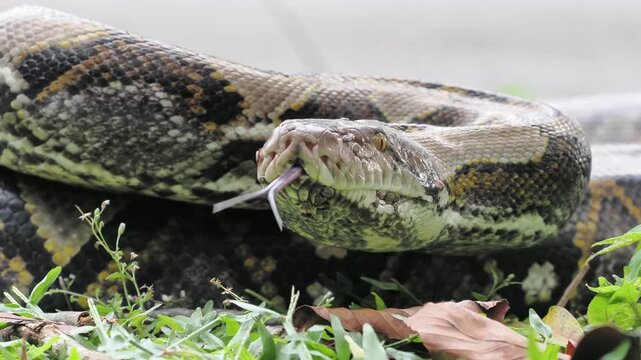 Reticulated python on the grass coiled low to the ground amidst green plants and foliage.
