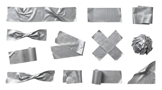 Set of Various Silver Gray Duct Tape Pieces and Strips Isolated on White Transparent Background