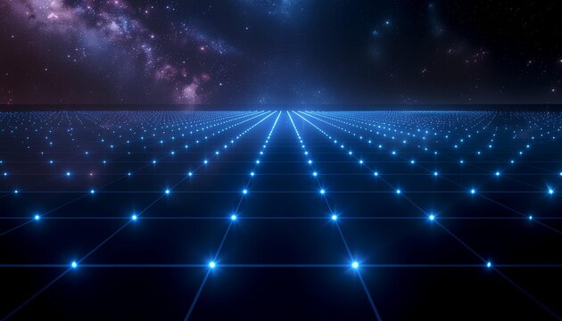 Blue digital grid floor stretching toward a starry galaxy horizon