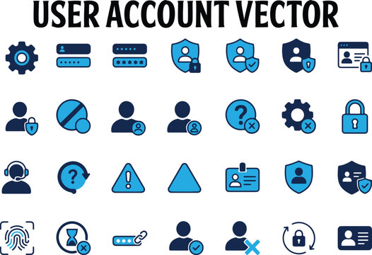 User Account Security Icons Set for Profile Login, Cyber Protection, and Identity Authentication Vector