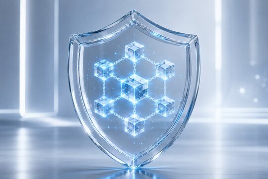 Transparent glass shield enclosing a glowing blockchain network, illustrating decentralized security, distributed ledger technology, cryptocurrency infrastructure, and trusted digital systems.