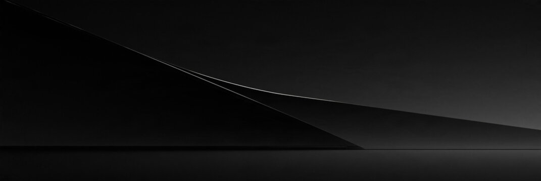 Dunkler abstrakter Hintergrund in Schwarz und Grau mit feiner heller Kurve, minimalistisches Bannerformat