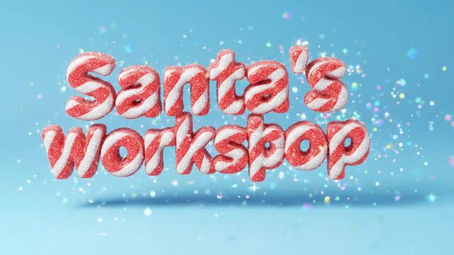 3D Candy Cane Santa's Workshop Typography with Floating Sparkles on Pastel Blue Background for Christmas Holiday Video Opener