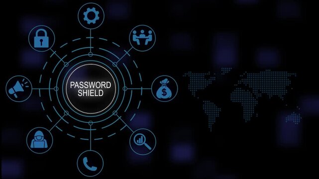 Password shield cyber security network concept infographic animation with digital map background, featuring interactive for, data protection privacy, solutions and safe, corporate systems