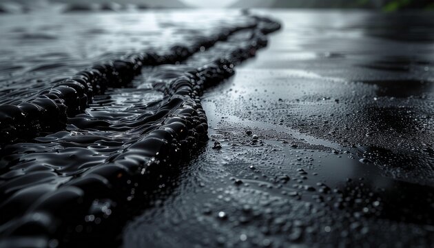 Dark viscous liquid leaking across a wet ground surface
