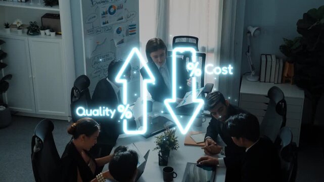 A dynamic business meeting showcasing a team analyzing quality and cost metrics through engaging visual graphics in a contemporary office setting. Raster
