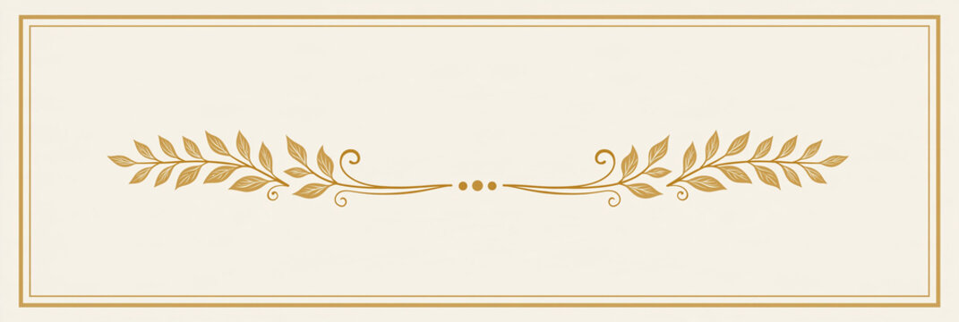 Goldene Ornament-Zierlinie mit Lorbeerzweigen und Doppelrahmen auf cremefarbenem Hintergrund, Vektorstil