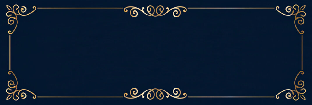 Goldener Zierrahmen mit filigranen Schn&ouml;rkeln auf dunkelblauem Hintergrund, elegantes Bannerformat im Vintage-Stil