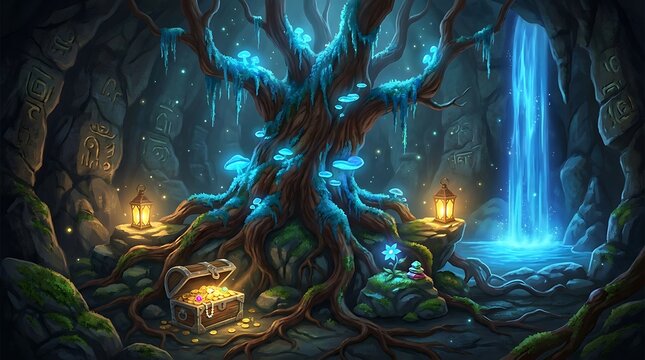 A magical glowing tree inside a mysterious cavern with a waterfall, ancient stone carvings, lanterns, and a treasure chest filled with gold coins and jewels