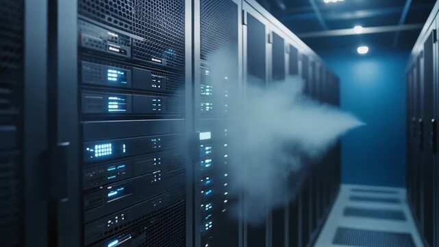 Server rack failure in a modern data center with smoke billowing from equipment malfunction