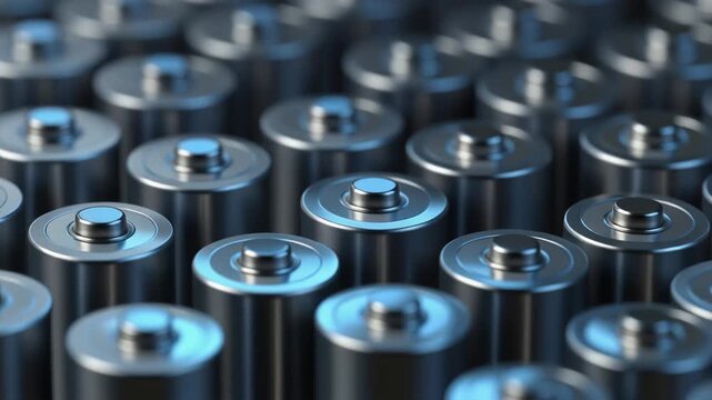 A background of multiple silver AA batteries lined up together, showcasing power, energy, and technology