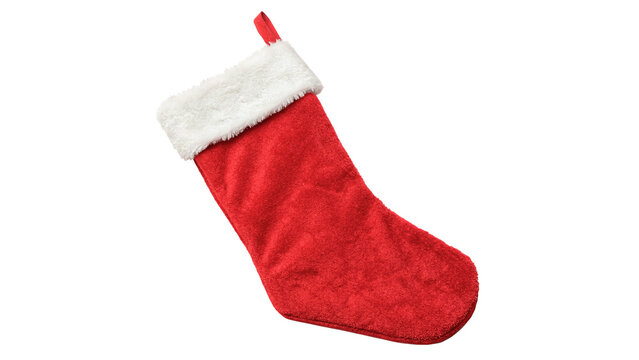 Classic red and white Christmas stocking fireplace hanger isolated on transparent background.