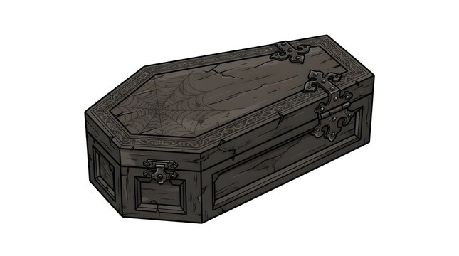 Old creepy wooden coffin decorated with spiderweb carvings and metal hinges. Traditional Halloween graveyard prop illustration on white background.