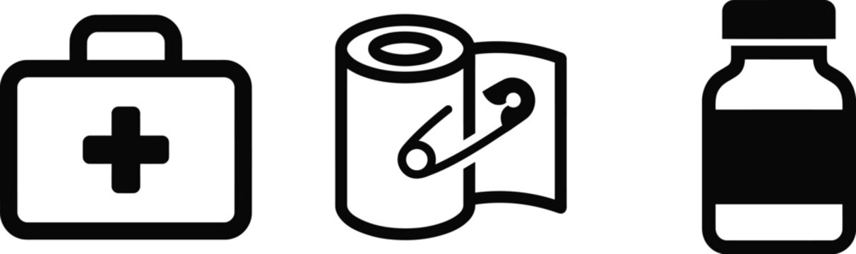 First aid kit, bandage roll, and medicine bottle icons