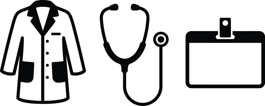 Medical professional icons including lab coat, stethoscope, and id badge
